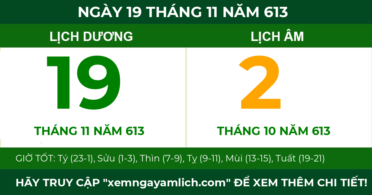 lịch âm ngày 19 tháng 11 năm 613