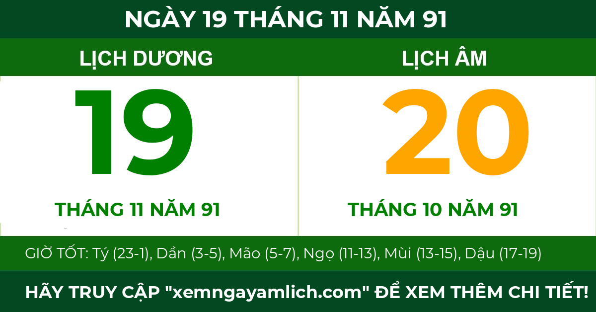 lịch âm ngày 19 tháng 11 năm 91