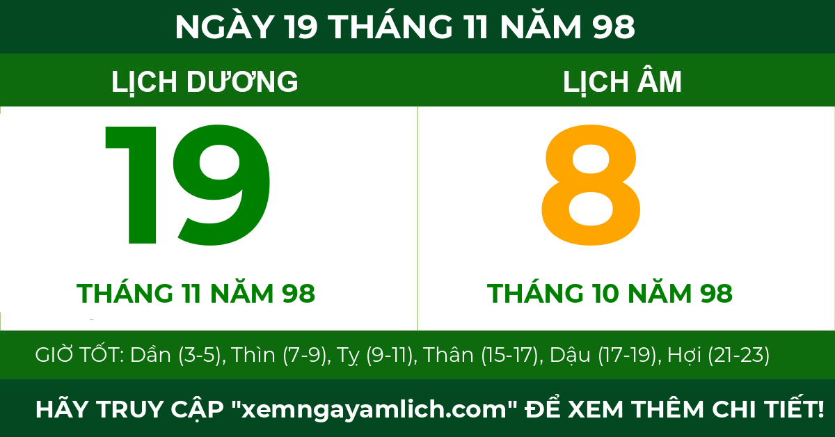 lịch âm ngày 19 tháng 11 năm 98