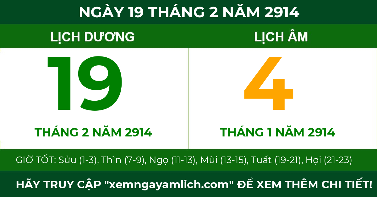lịch âm ngày 19 tháng 2 năm 2914