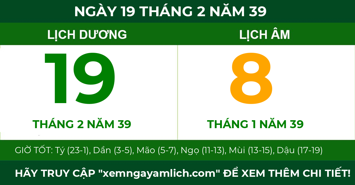lịch âm ngày 19 tháng 2 năm 39