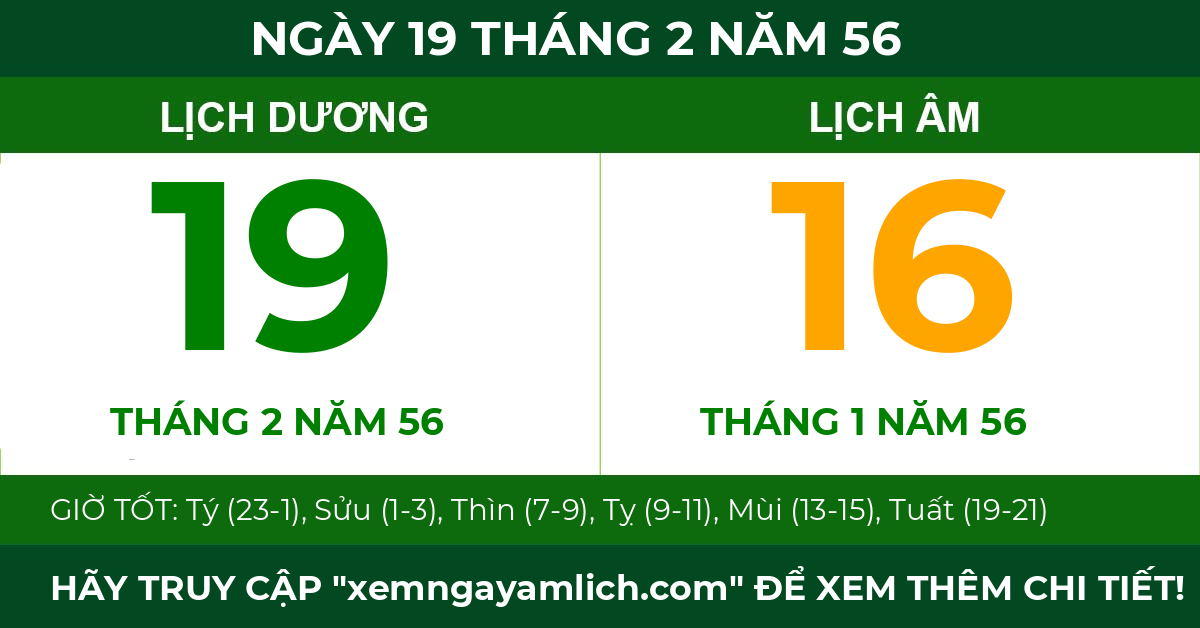 lịch âm ngày 19 tháng 2 năm 56