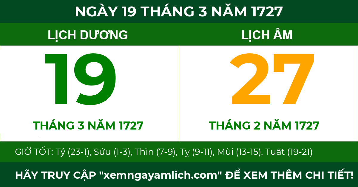 lịch âm ngày 19 tháng 3 năm 1727