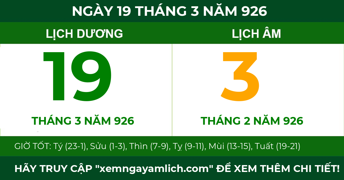 lịch âm ngày 19 tháng 3 năm 926