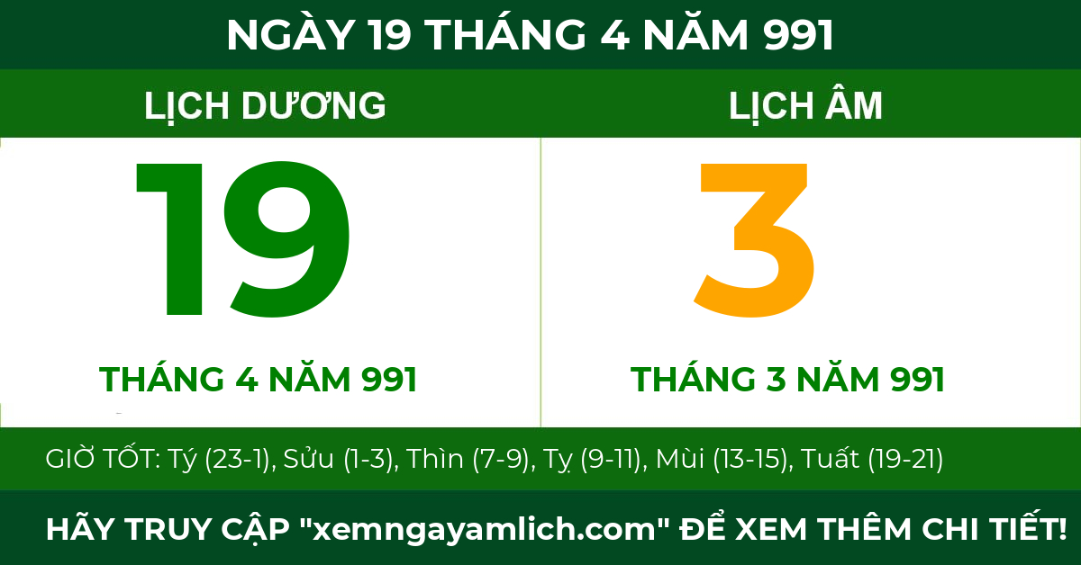 lịch âm ngày 19 tháng 4 năm 991