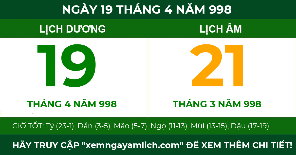 lịch âm ngày 19 tháng 4 năm 998