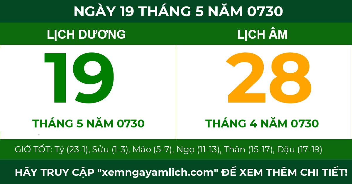 lịch âm ngày 19 tháng 5 năm 0730