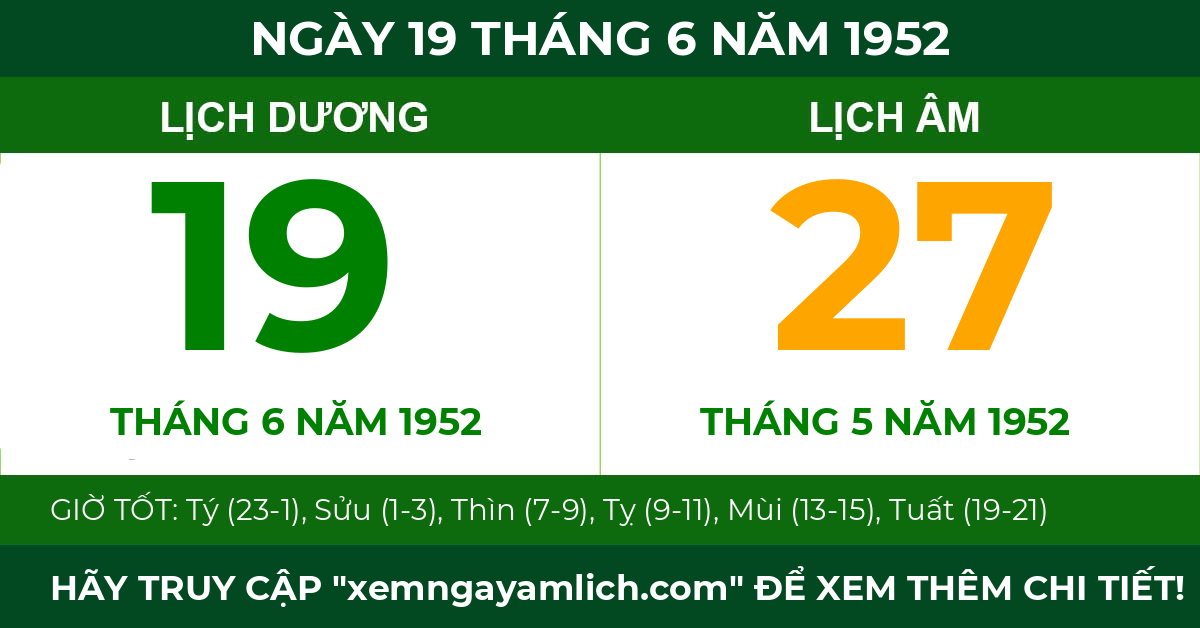 lịch âm ngày 19 tháng 6 năm 1952