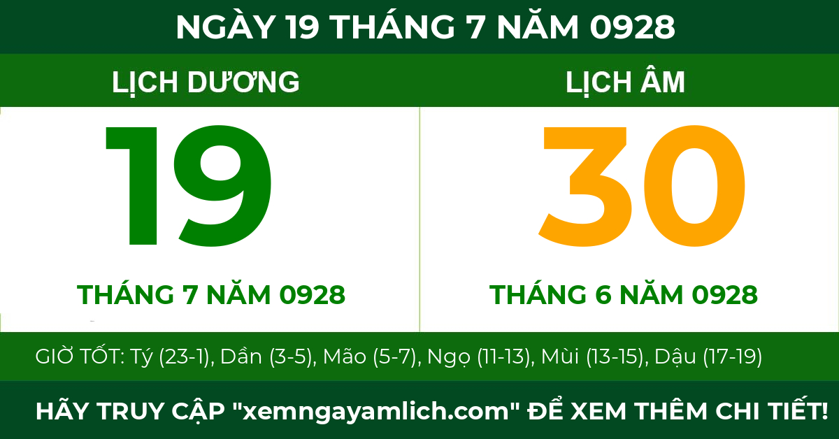 lịch âm ngày 19 tháng 7 năm 0928
