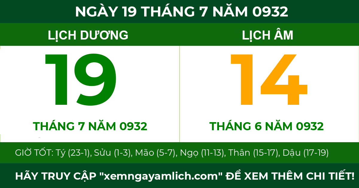 lịch âm ngày 19 tháng 7 năm 0932