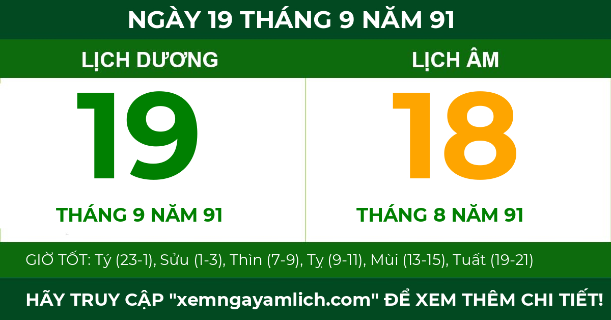 lịch âm ngày 19 tháng 9 năm 91