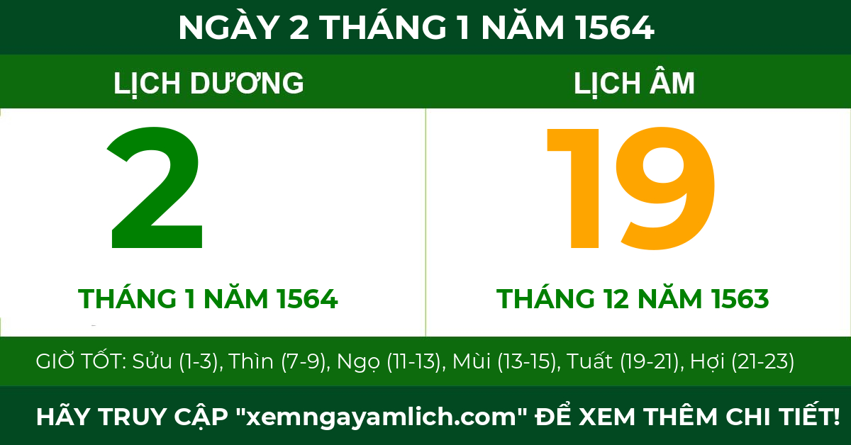 lịch âm ngày 2 tháng 1 năm 1564