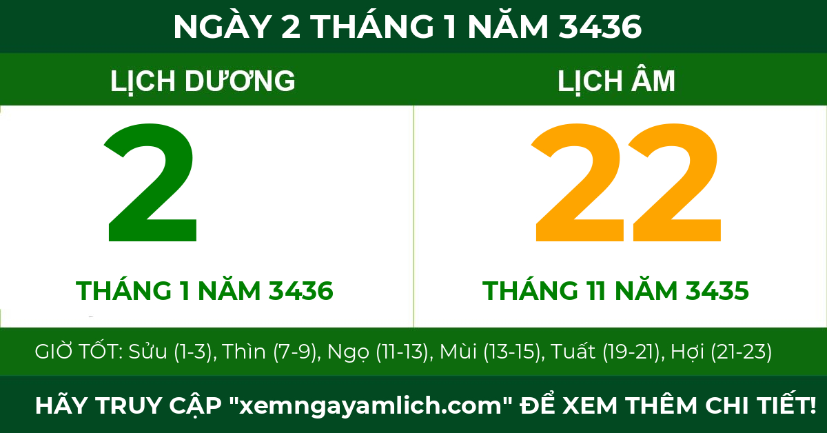 lịch âm ngày 2 tháng 1 năm 3436