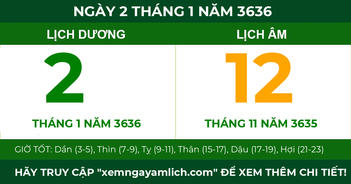 lịch âm ngày 2 tháng 1 năm 3636