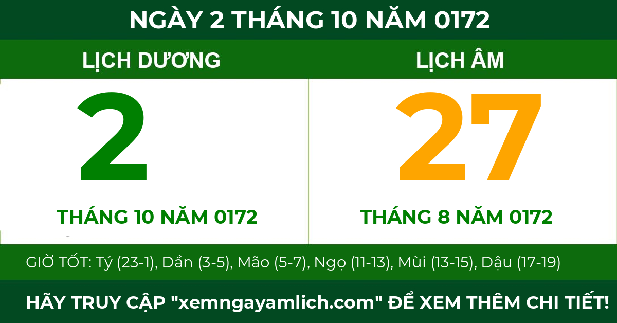 lịch âm ngày 2 tháng 10 năm 0172