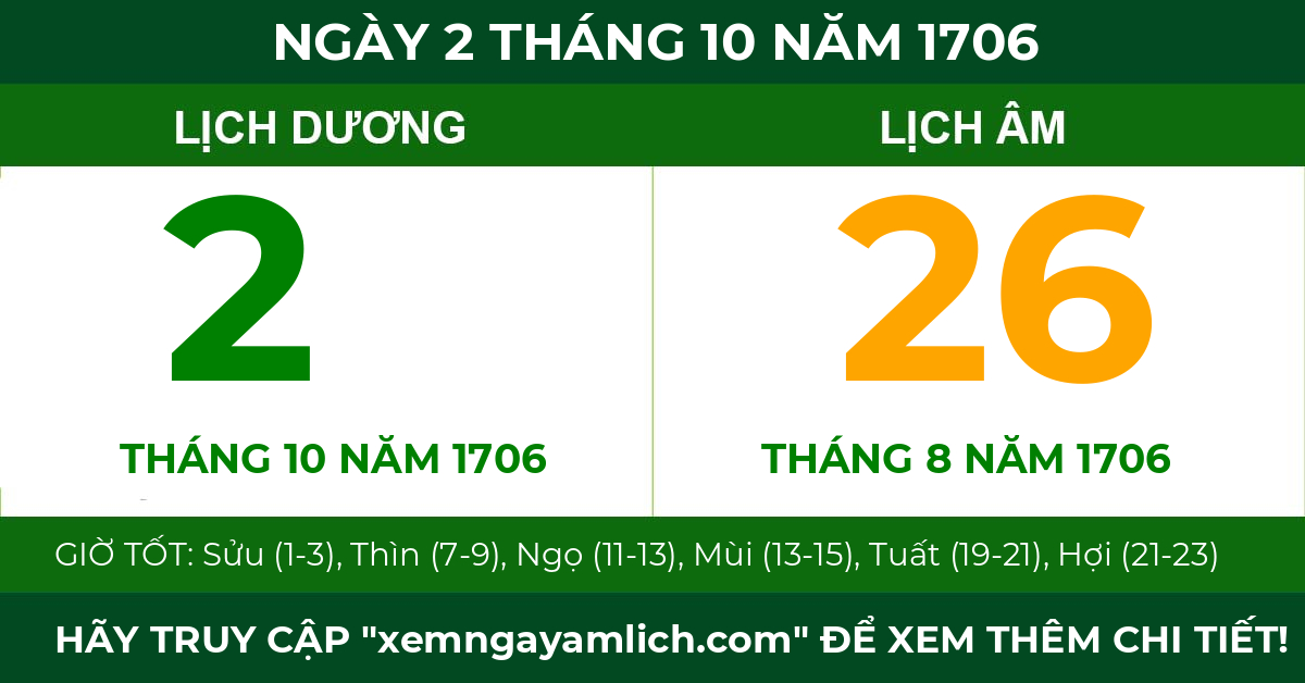 lịch âm ngày 2 tháng 10 năm 1706