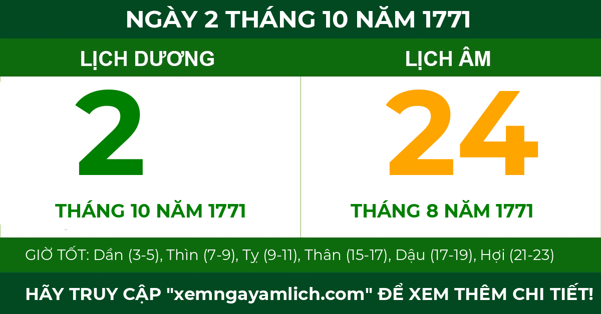 lịch âm ngày 2 tháng 10 năm 1771