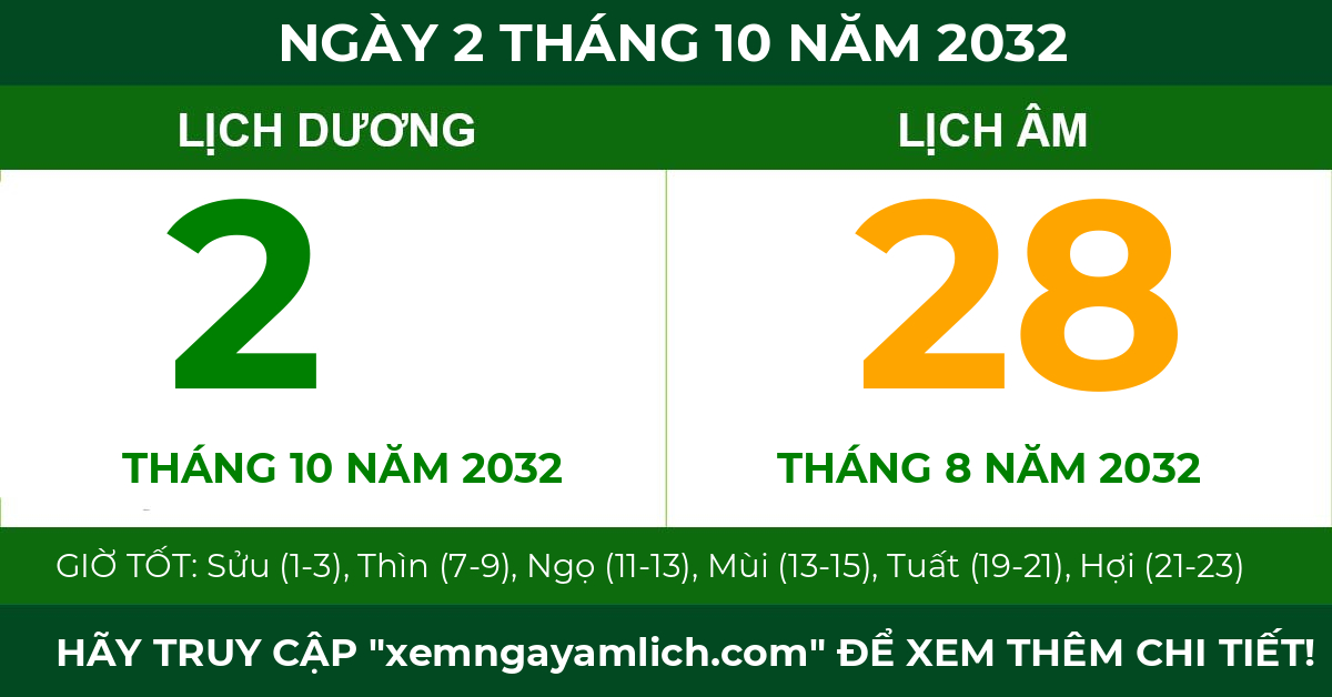 lịch âm ngày 2 tháng 10 năm 2032