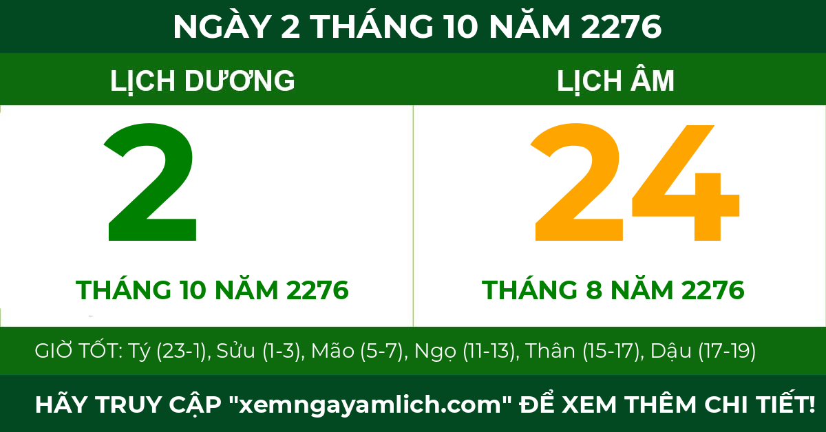 lịch âm ngày 2 tháng 10 năm 2276