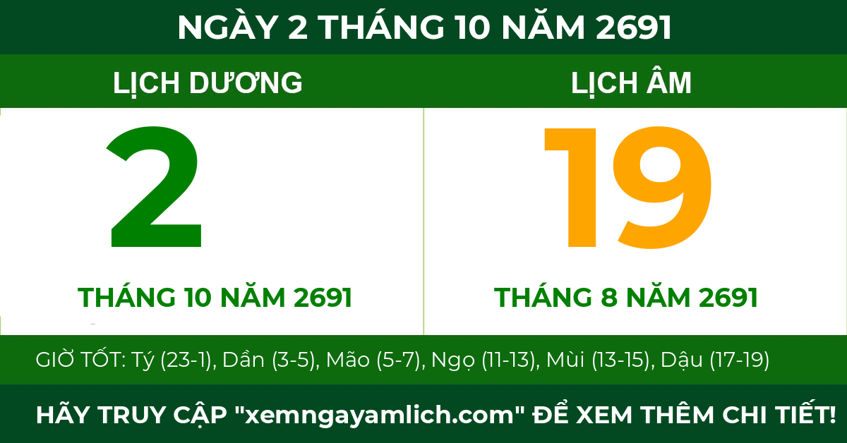 lịch âm ngày 2 tháng 10 năm 2691