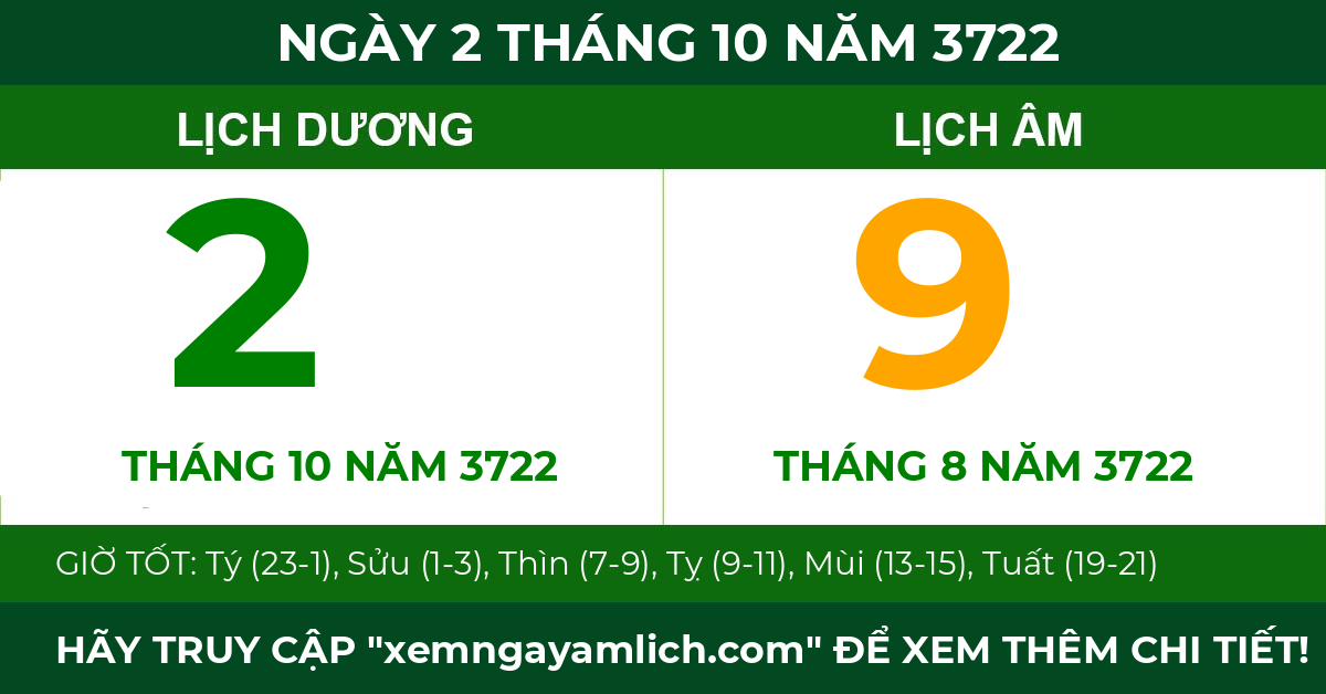 lịch âm ngày 2 tháng 10 năm 3722