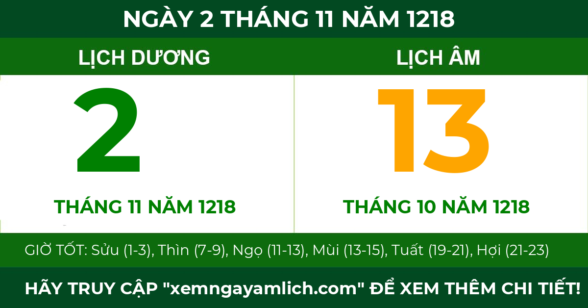 lịch âm ngày 2 tháng 11 năm 1218