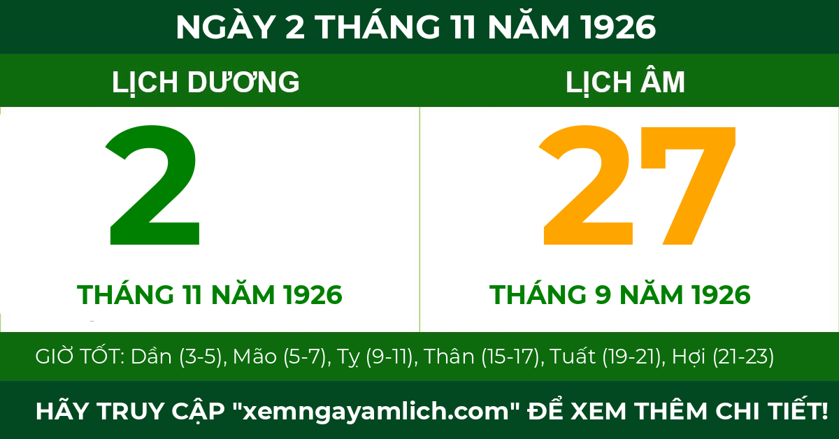 lịch âm ngày 2 tháng 11 năm 1926