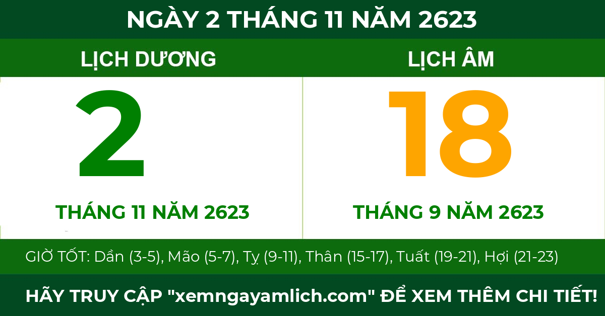 lịch âm ngày 2 tháng 11 năm 2623