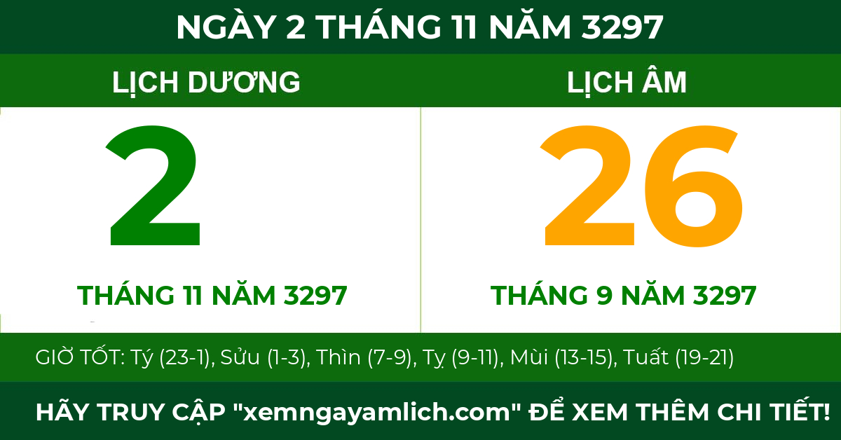lịch âm ngày 2 tháng 11 năm 3297