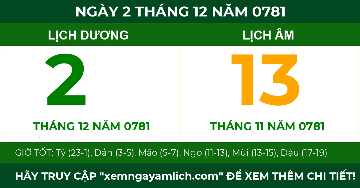 lịch âm ngày 2 tháng 12 năm 0781