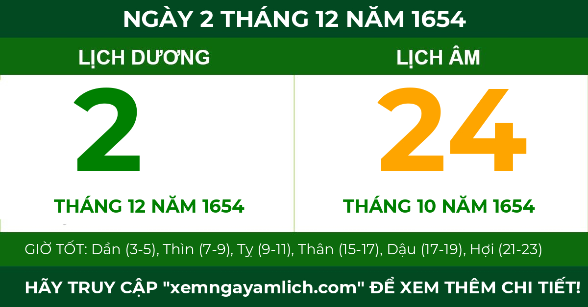lịch âm ngày 2 tháng 12 năm 1654