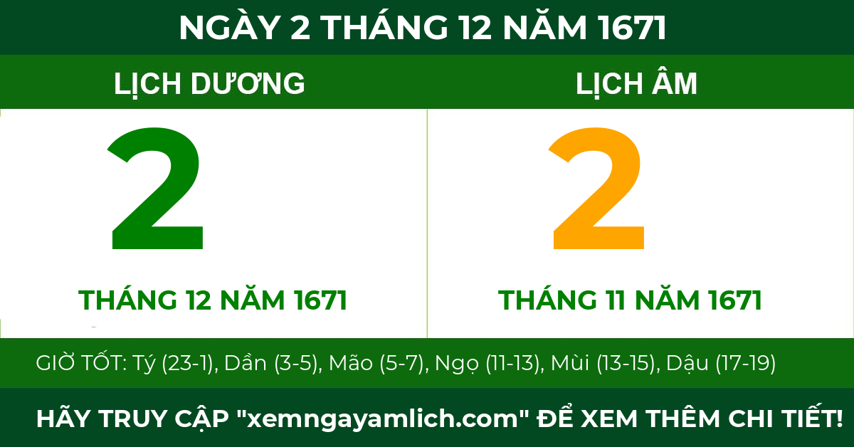 lịch âm ngày 2 tháng 12 năm 1671