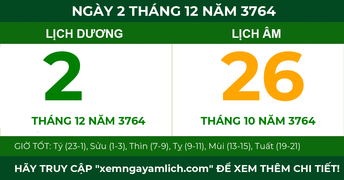 lịch âm ngày 2 tháng 12 năm 3764