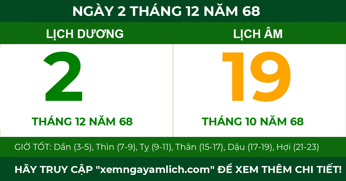 lịch âm ngày 2 tháng 12 năm 68