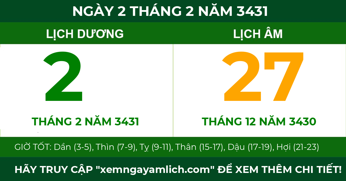 lịch âm ngày 2 tháng 2 năm 3431