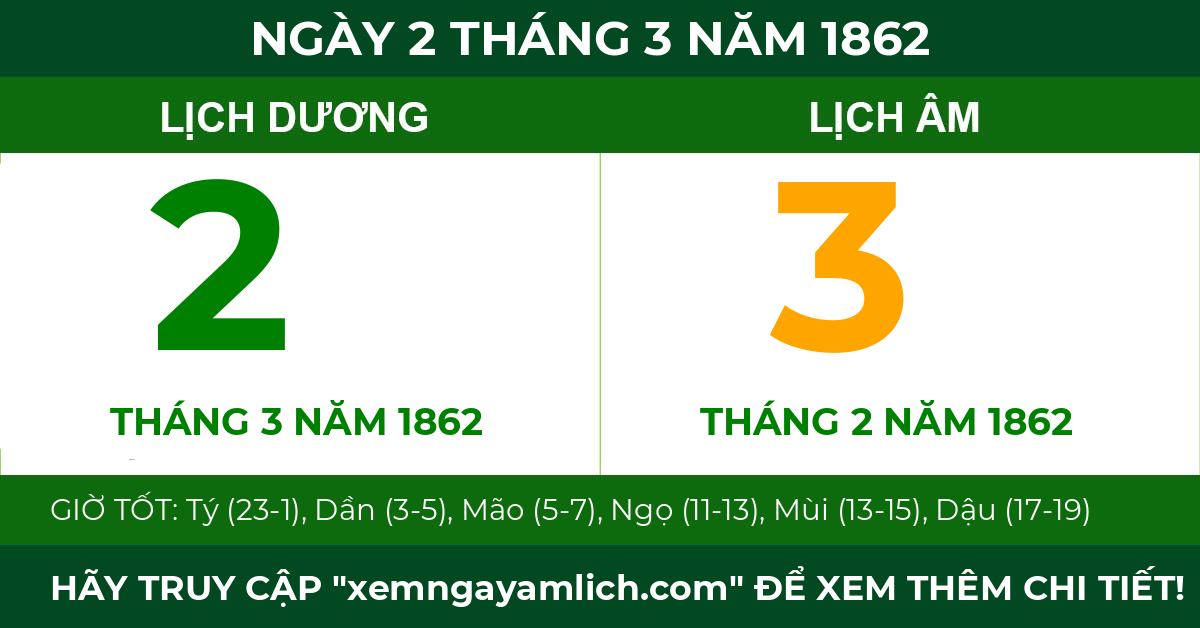 lịch âm ngày 2 tháng 3 năm 1862
