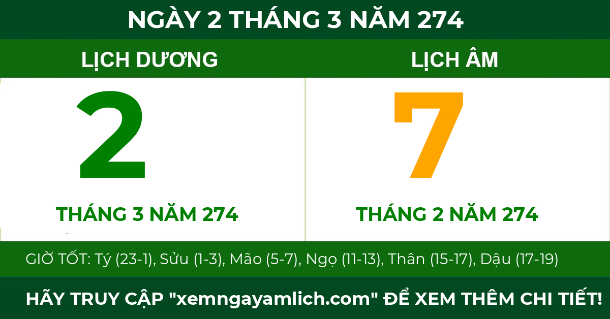 lịch âm ngày 2 tháng 3 năm 274