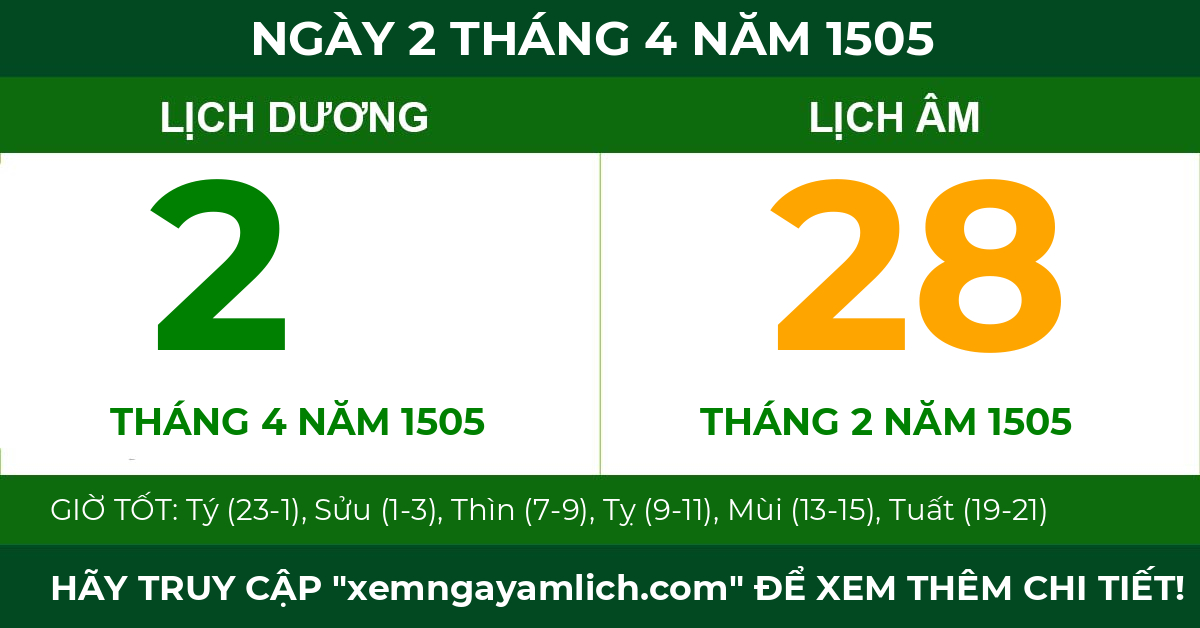 lịch âm ngày 2 tháng 4 năm 1505