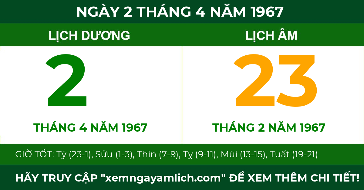 lịch âm ngày 2 tháng 4 năm 1967