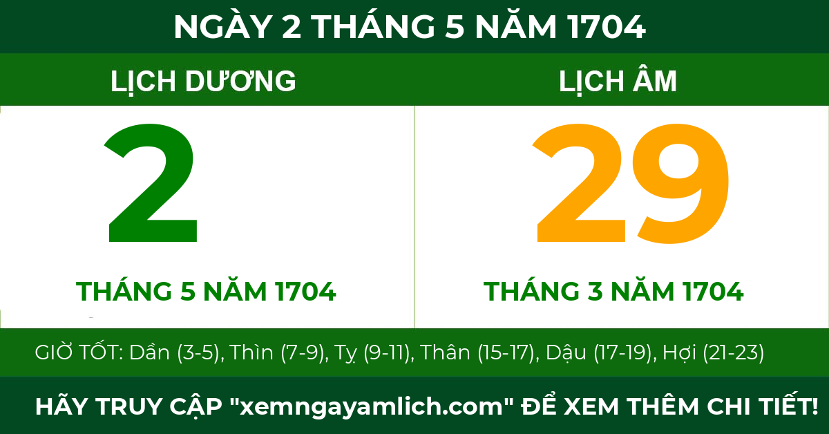 lịch âm ngày 2 tháng 5 năm 1704