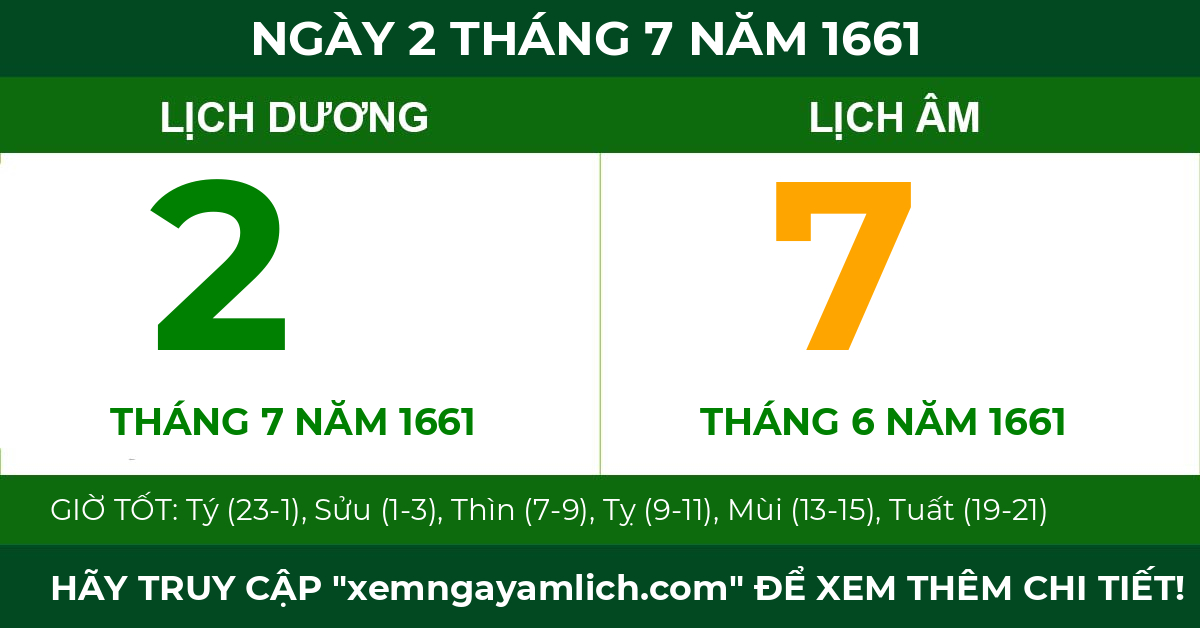 lịch âm ngày 2 tháng 7 năm 1661