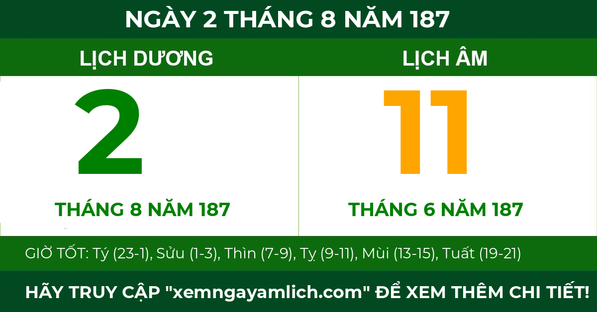 lịch âm ngày 2 tháng 8 năm 187