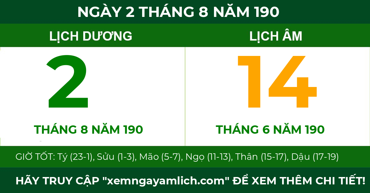lịch âm ngày 2 tháng 8 năm 190