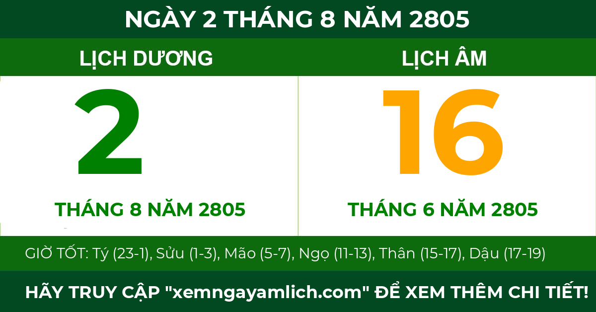 lịch âm ngày 2 tháng 8 năm 2805