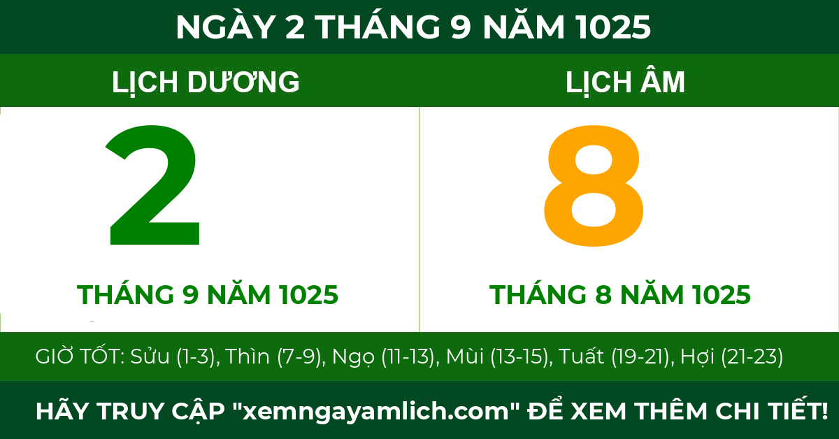 lịch âm ngày 2 tháng 9 năm 1025