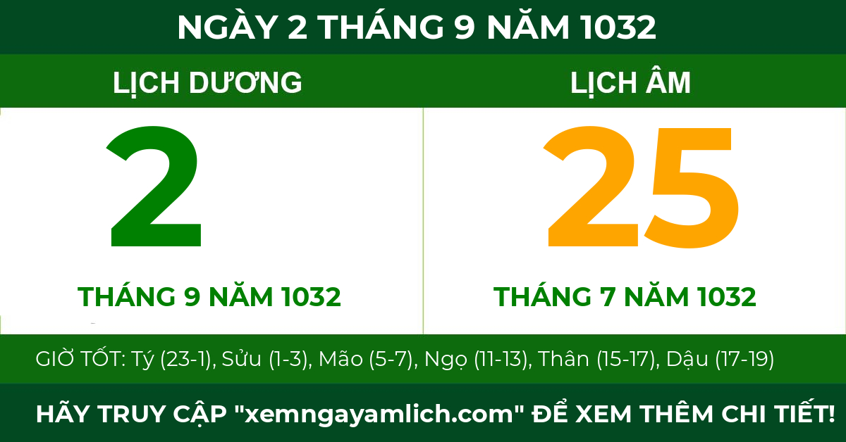 lịch âm ngày 2 tháng 9 năm 1032