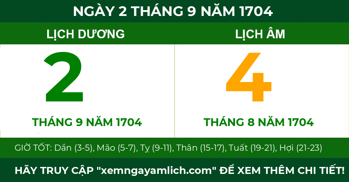lịch âm ngày 2 tháng 9 năm 1704