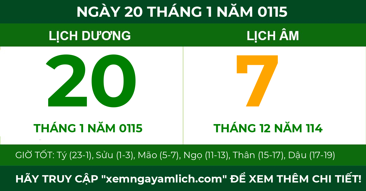 lịch âm ngày 20 tháng 1 năm 0115