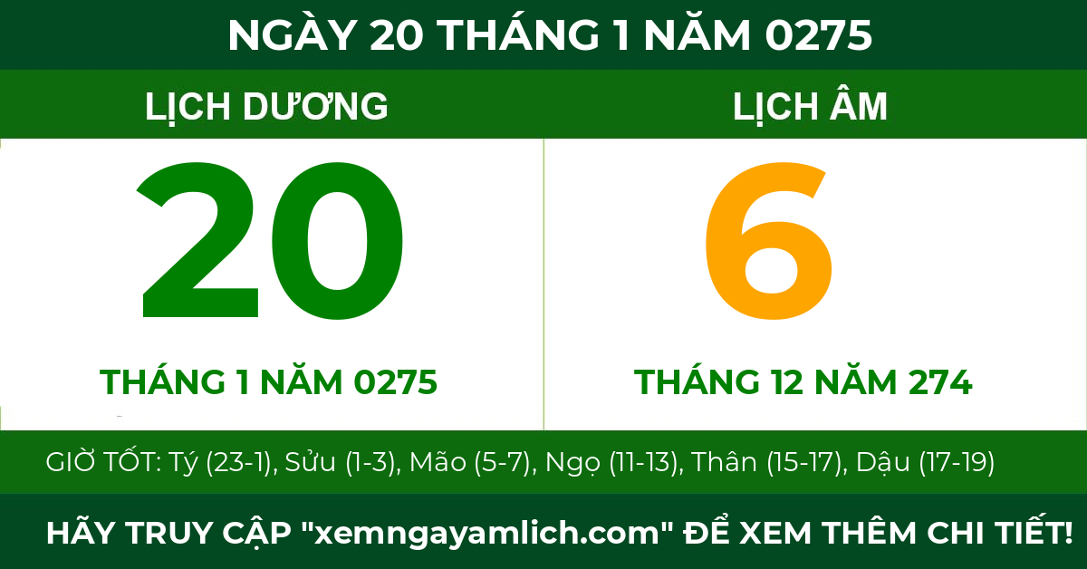 lịch âm ngày 20 tháng 1 năm 0275