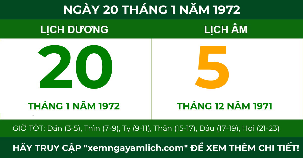 lịch âm ngày 20 tháng 1 năm 1972